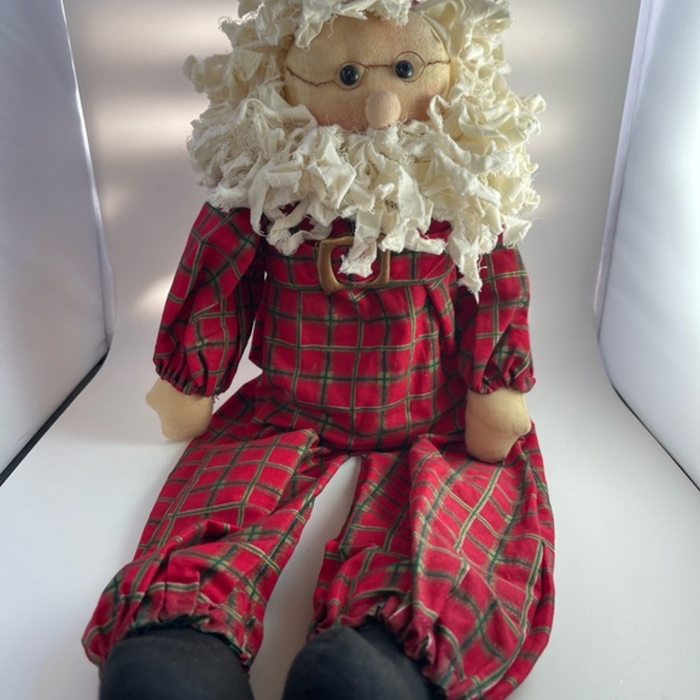 Santa Shelf Sitter with Rag Beard Christmas Decor Handmade 24” tall